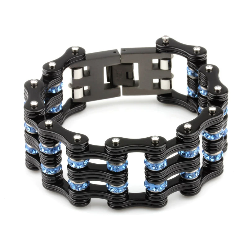 

2021 модные ювелирные изделия в стиле панк 25,5 мм ширина велосипедная цепь браслеты для женщин модные браслеты из нержавеющей стали с синим кр...