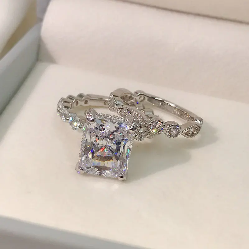 

925 Sterling Silver Vintage Art Deco Shining Wedding Engagement Romantic Cute Ring Set Fine Jewelry JA-55