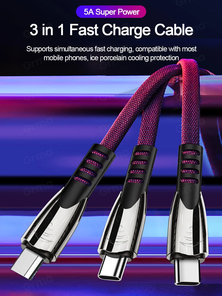 

Grma 5A 3 in 1 USB Type C Fast Charging Cable for iPhone 12 Samsung Xiaomi Redmi Micro USB Aviation Alloy Denim Cable Data Wire