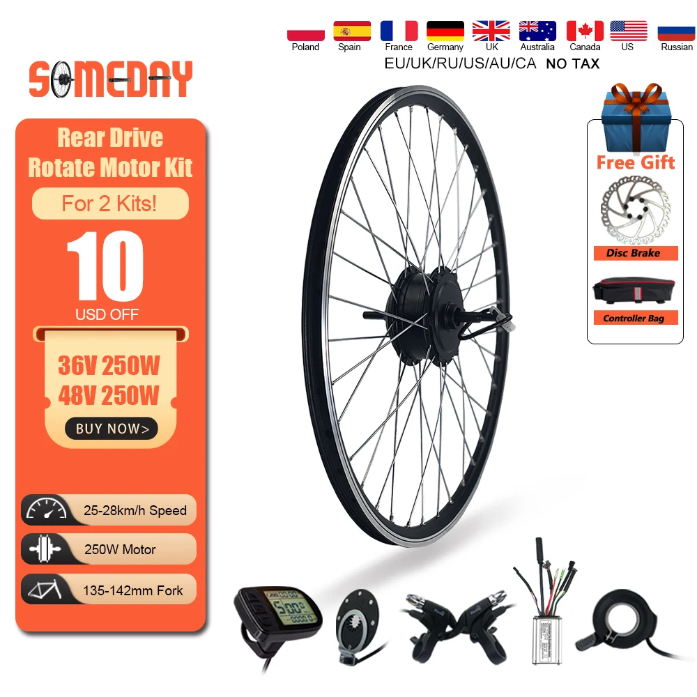 

SOMEDAY Electric Bicycle Conversion Kit 36V 250W 48V 250W Brushless Gear Rear Rotate Hub Motor 16-29 Inch 700C Wheel For Ebike