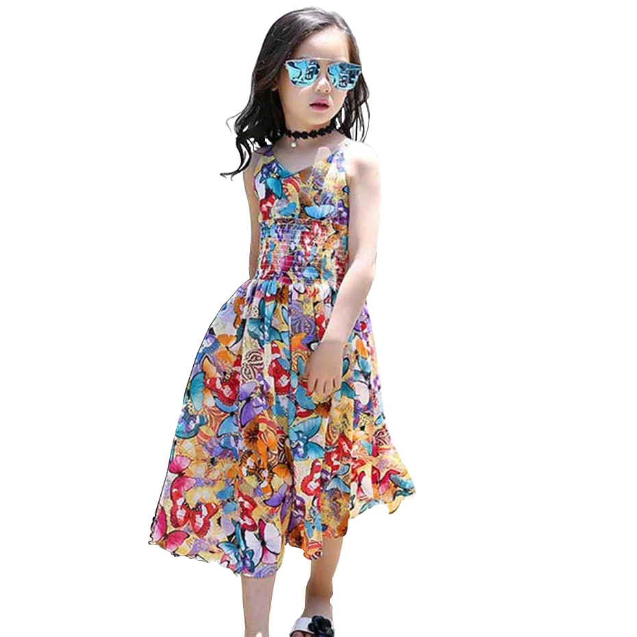 Платье на бретельках с принтом бабочки для девочек облегающее богемное детское