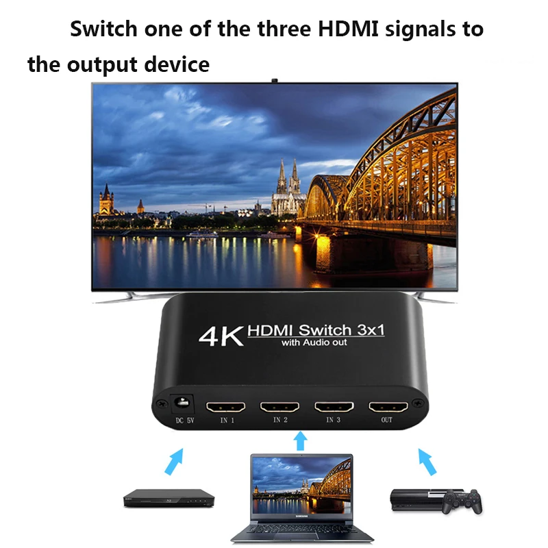 Коммутатор 3x1hdmi совместимый с оптическим аудио экстрактором Toslink SPDIF выход