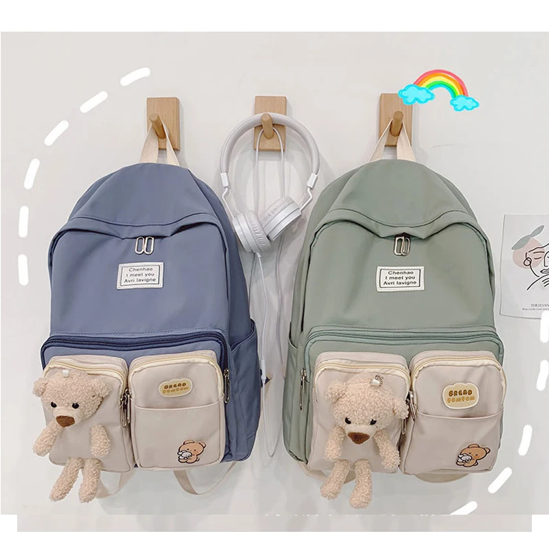

Nylon Bear Backpack with Badges Teen Travel School Bags Large Capacity Waterproof Backpack Solid Color Backpack with Badges