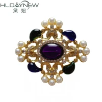 flower lapis crystals baroque palace vintage brooches for women gold color ornaments sweater suit dress jacket accessories pins