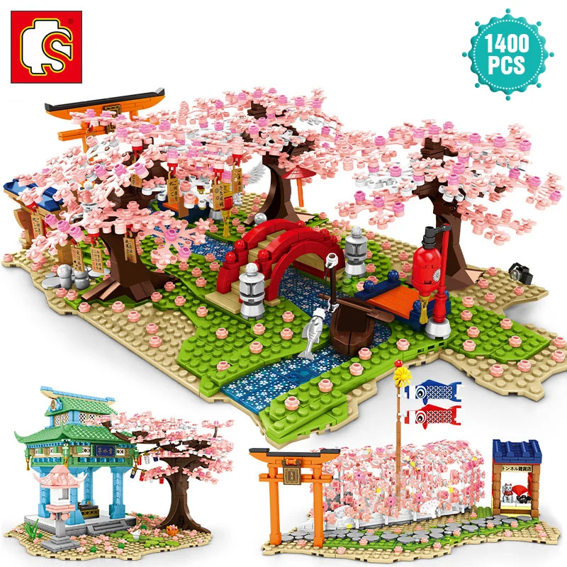 

SEMBO Technical Street View Garden Building Blocks Ideas Sakura River Pavilion Diy Model Bricks Toys Holiday GiftsFor Children