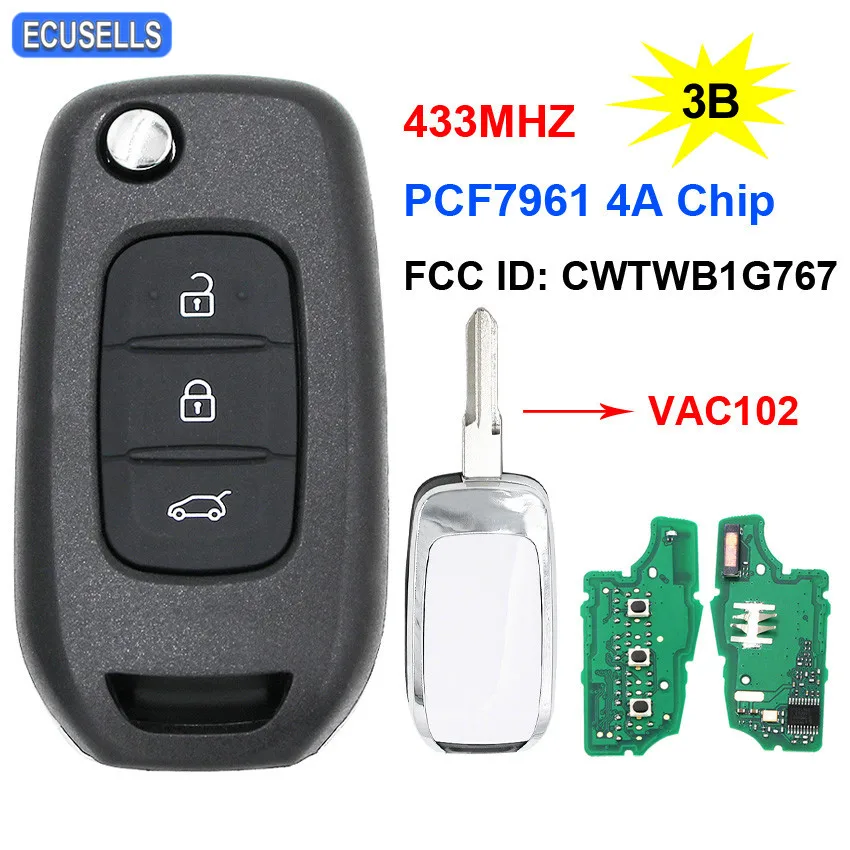 3 кнопочный откидной дистанционный ключ 433 МГц PCF7961 4A чип FCC ID: CWTWB1G767 для Renault Kadjar
