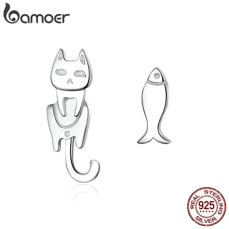 BAMOER,, серьги-капли из натуральной 925 пробы, Серебряная рыба и кошка, простая линия, для женщин, подлинные серебряные ювелирные изделия SCE488