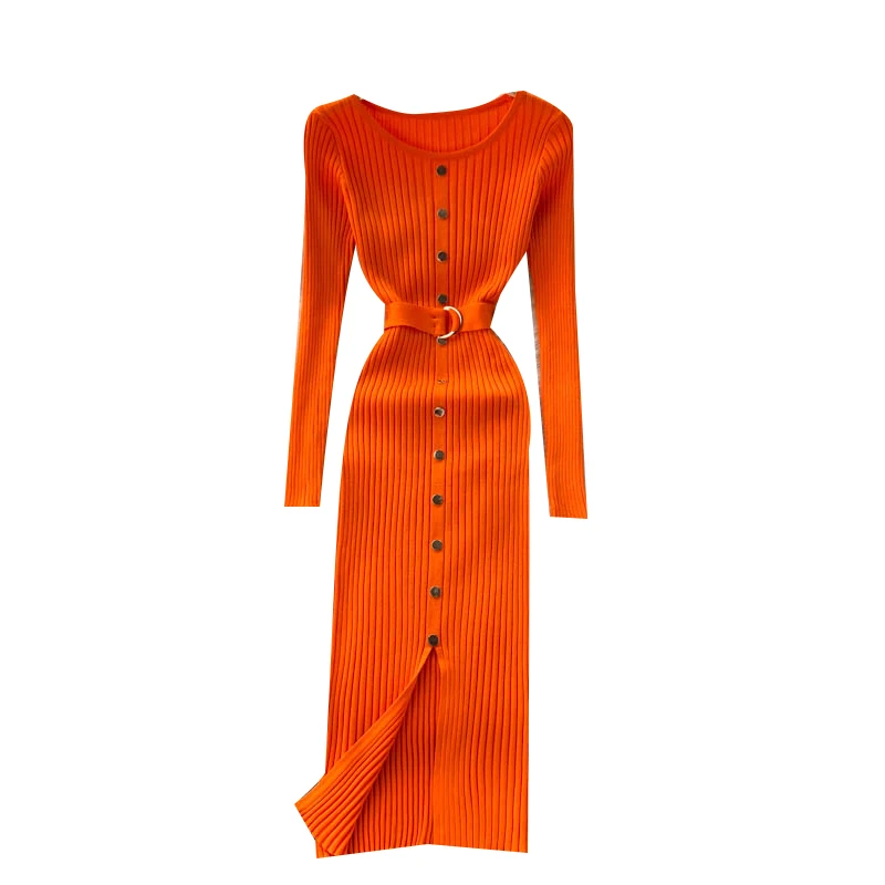 

New Spring Autumn Women O-Neck Single-breasted Long Sleeve Slim Dress Sexy Split Hem Elastic Knitted Dress