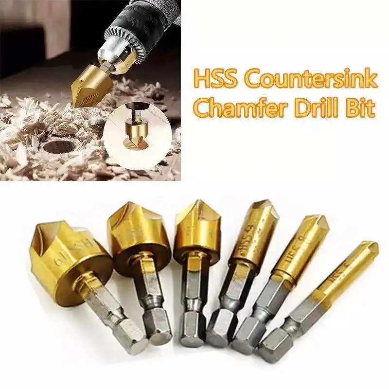 

Titanium Plating Countersink Drill Bit Set 1/4 '' Hex Shank HSS 5 Slot Countersunk Head 90 Degree Wood Chamfering Knife Chamfer
