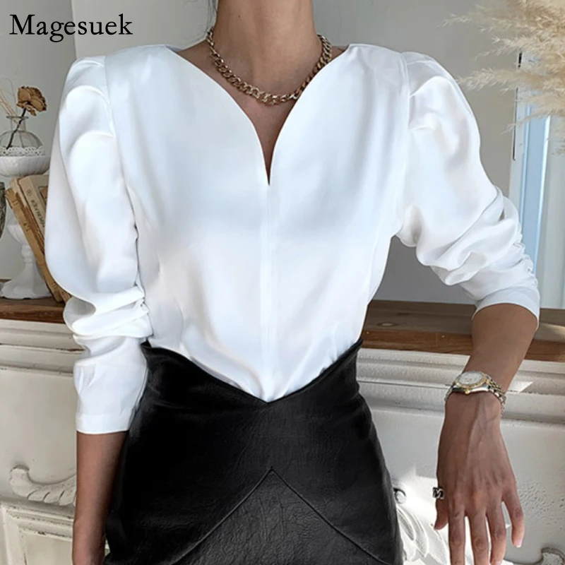 

Puff Sleeve Office Lady V-neck Long Sleeve Women Blouse Spring New Korean Chic Casual Woman Shirts White Tops Blusas Mujer 12899