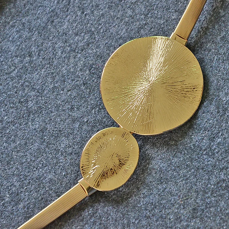 

Korean Elastic Metal Waist Silver Gold Chain Belts Female Round Leaf Buckle for Women Dresses Strap Waistband Cummerbunds