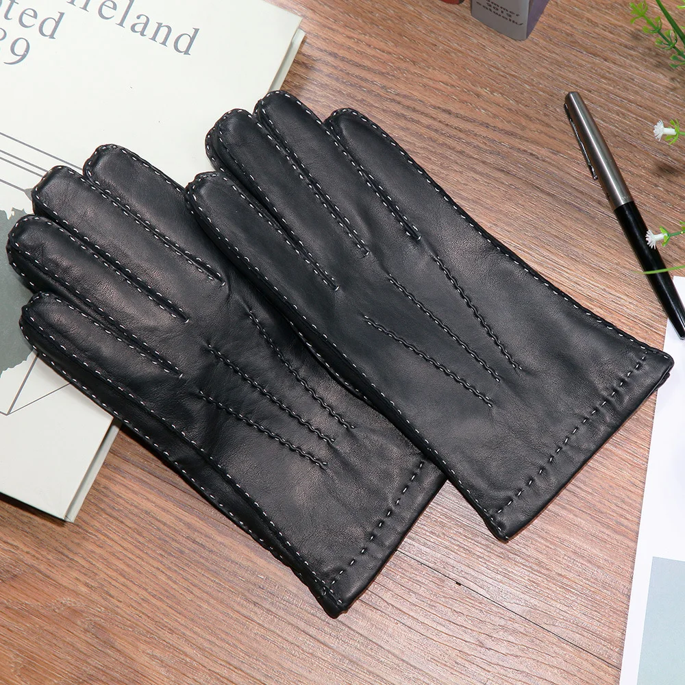 

NEW Genuine Leather Gloves Male Hand Made Sheepskin Gloves High Quality Fashion Black Simple Man's Driving Gloves DQ212