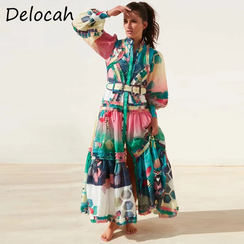 

Delocah New 2021 Autumn Women Fashion Runway A-Line Dress Lantern Sleeve Ruffles Sashes Shirts Style Print Long Dresses Vestidos
