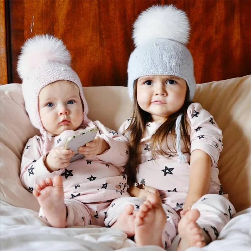 Pearl Pom Fur Ball Baby Winter Hats For Girls Kids Hat Ear Warm Lace-Up Cap Casquette Enfant Girl Newborn Bonnet | Детская одежда и