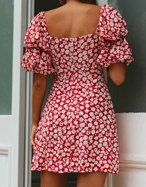 Сексуальное женское мини платье с цветочным принтом квадратным воротником и