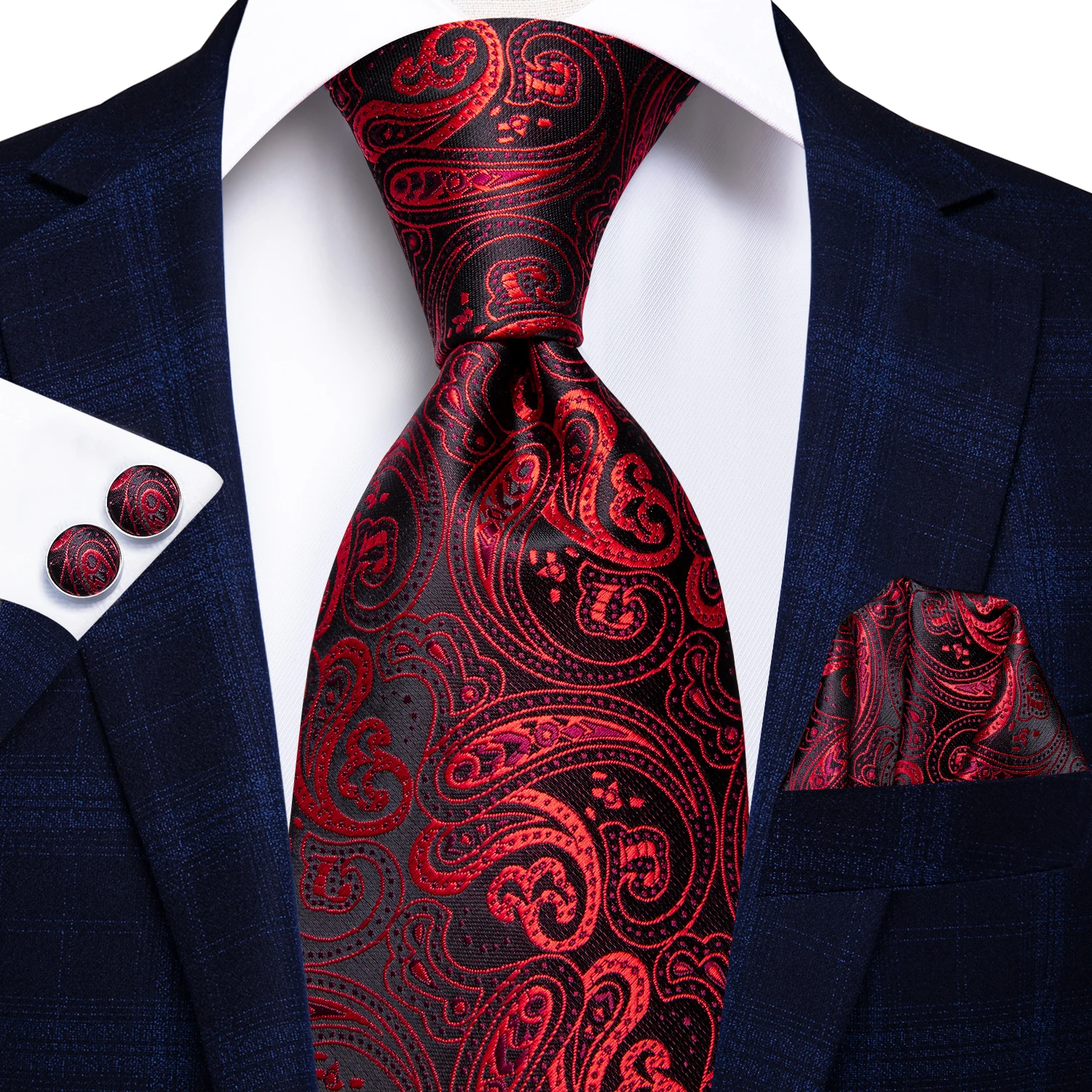 Hi-Tie Red Fashion Paisley 100% Silk Men's Tie Set 8.5cm Wedding Ties For Men New Design Hanky Cufflinks Quality Necktie | Аксессуары