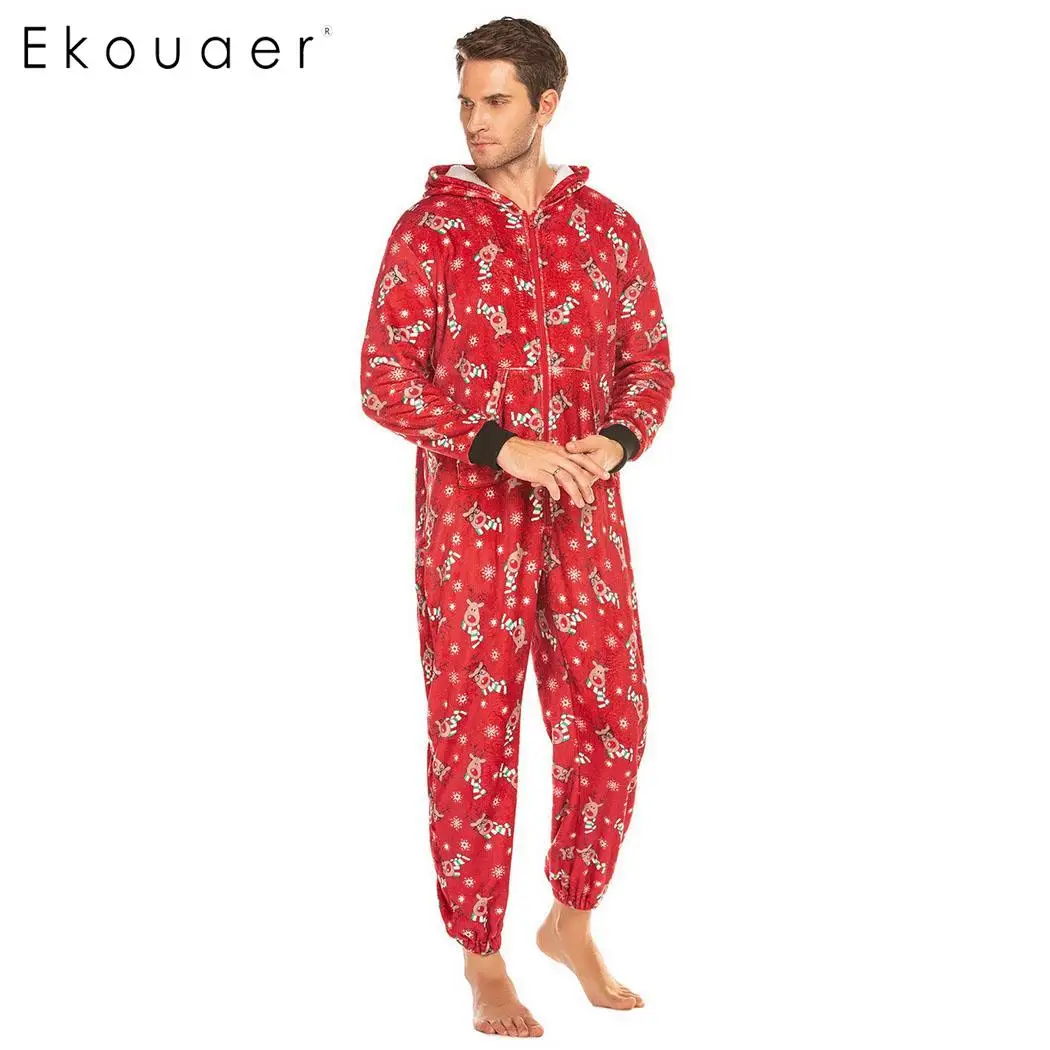 Ekouaer Men Winter Pajamas Christmas Sleepwear Soft Cozy One-piece Pajama Long Sleeve Hooded Autumn Nightwear Clothes | Мужская одежда