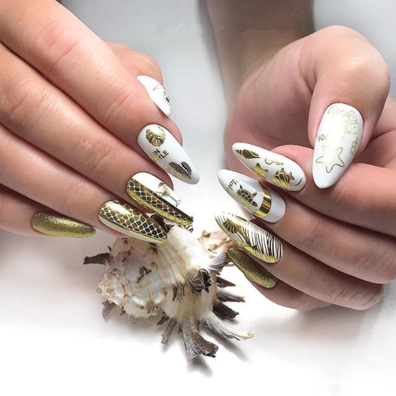 1pcs Summer sea life 3d nail decals balck white gold Sea turtle penguin star parttern self-adhesive sticker Nail Art Decor | Красота и