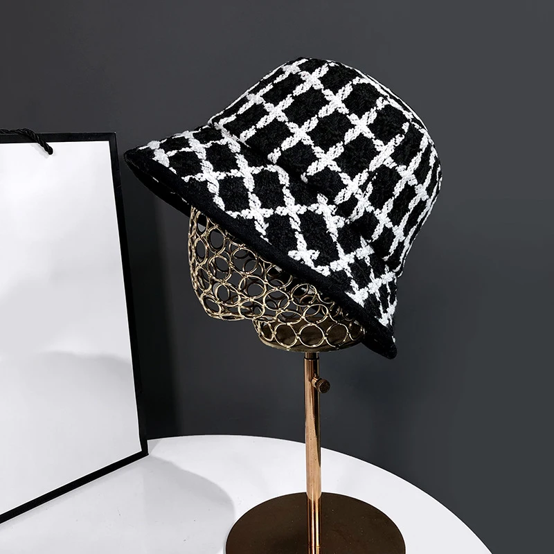 

Black Lattice Knitting Fisherman Hat Female Autumn And Winter Japanese Retro Fashion All-match Basin cap