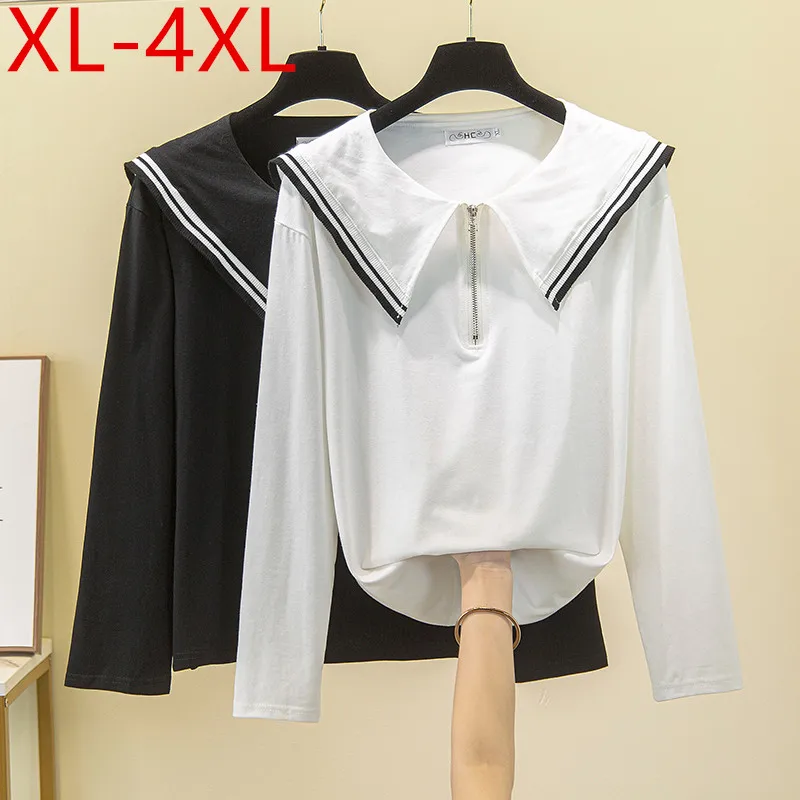 

New Autumn Plus Size Women Sailor Collar Long Sleeve Zipper Design T-shirt Cotton Large Loose Casual Tops Tees XL 2XL 3XL 4XL