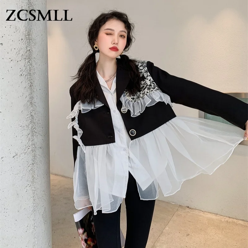 

ZCSMLL Mesh Patchwork Designer Blazer Fall 2021 Womens Korean Fashion Ruffle Black Khaki Autumn Coats And Jackets Clothing