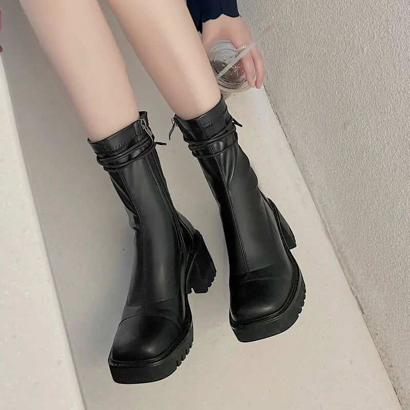 

2021 Fashion Cross Tied Ladies Spring Autumn Mid Calf Boots Zipper Square High Heel Knight Boots Winter Microfiber Women’s Shoes