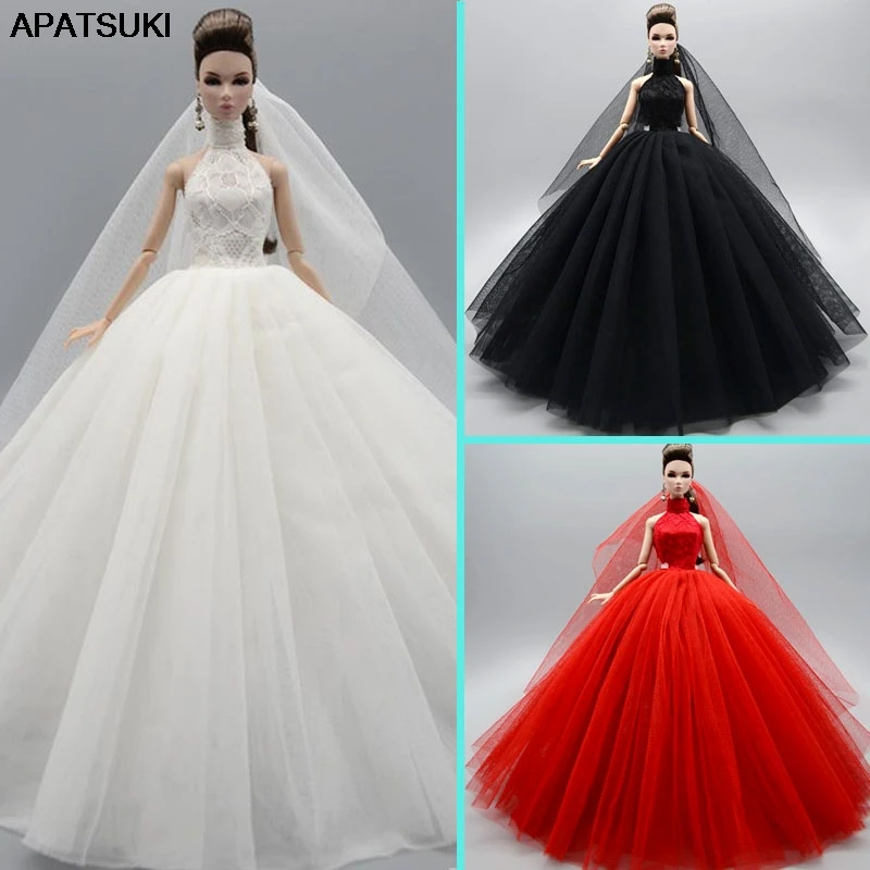 

3pcs/lot High Neck Fashion Layered Wedding Dresses For Barbie Doll Outfits Evening Party Long Dress & Veil Doll DIY Accessories