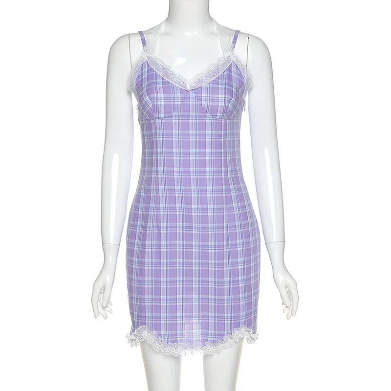 

E-girl Plaid Halter V-neck Lace Hem Mini Dress Y2K Sweet Spaghetti Strap Backless Summer Dress Fashion Streetwear Party Club