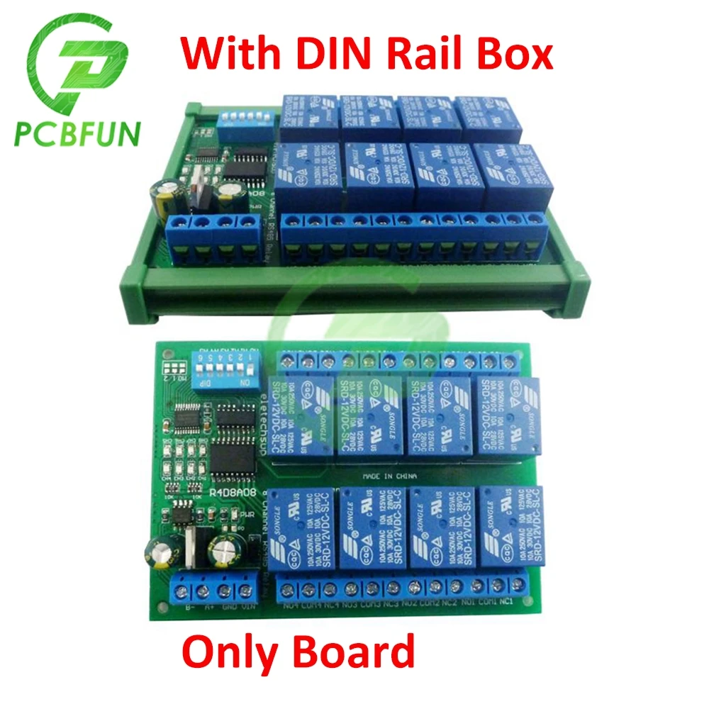 For Modbus RTU DC 12V 10A 8 Channel CH DIN Rail RS485 Relay Module Board with DIN Rail Box for PLC PTZ Camera Motor LED UM72