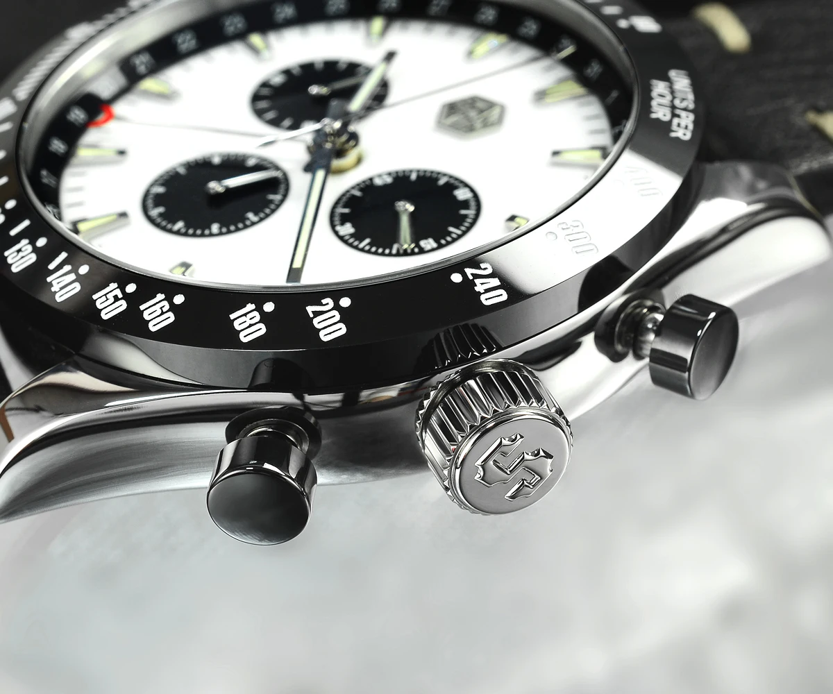 Lugyou San Martin Quartz Watch Men Chronograph Timepiece Sun ray Metal Band Sub Dials Pusher Sapphire 100m Water Resistant Glow