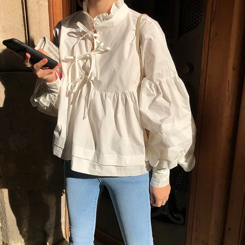 RealShe женская блузка белая с гофрированным воротником длинным рукавом фонариком