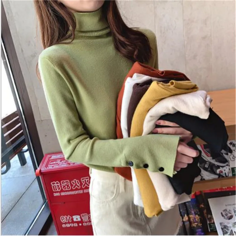 

2019Thin Autumn Winter Women Sweater Pullovers Slim Knitted Tops Jumper Lady Turtleneck Button Long Sleeve Pull Femme Hiver M199