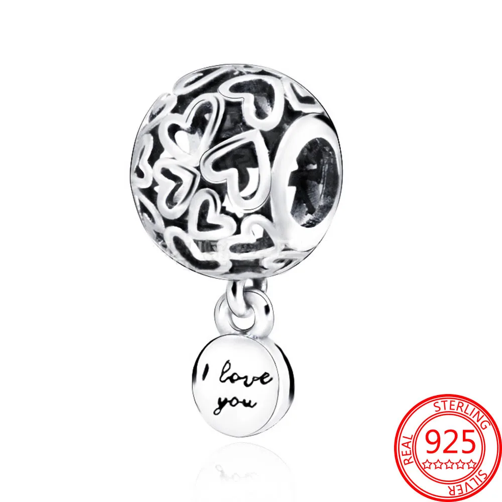 

100% Real 925 Sterling Silver Openwork Love Hearts Charm Fit Original Brand Bracelet Charms for Jewelry Making