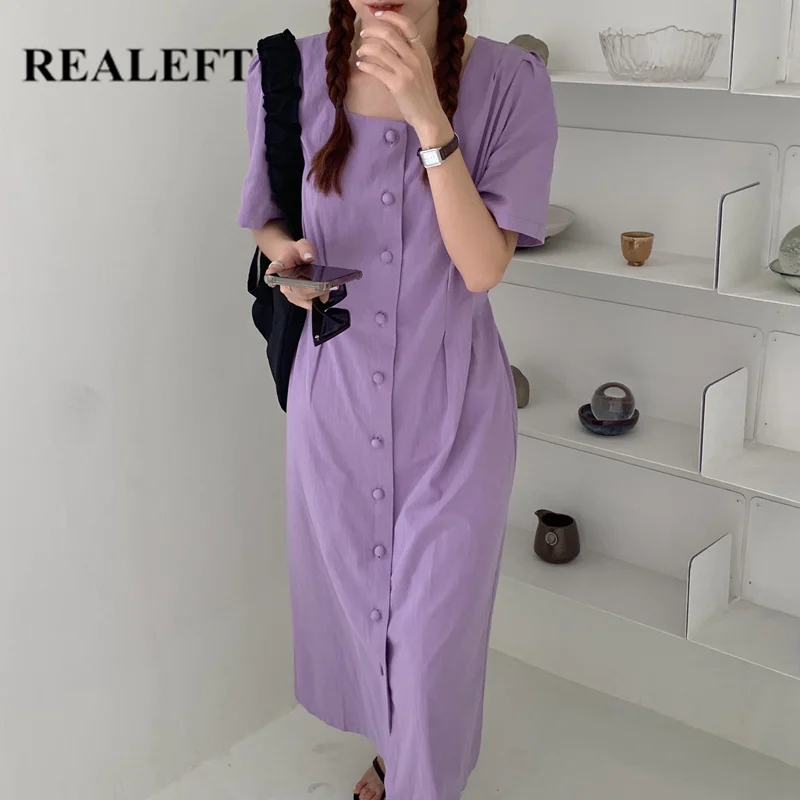 REALEFT летнее 2020 Новое винтажное Фиолетовое Женское Платье-рубашка с квадратным