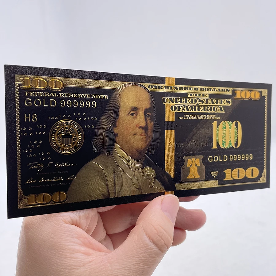 

10Pcs Black Gold Foil 100 dollars bill USD Commemorative plastic Banknotes Franklin collection cards USA prop money for decor