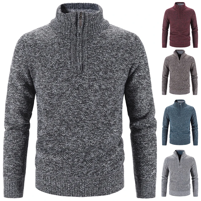 

Mens Half High Neck Zipper Sweater Autumn Winter Fleece Cold Pullovers Warm Bottom Top High Quality Fashion Male Jumpers
