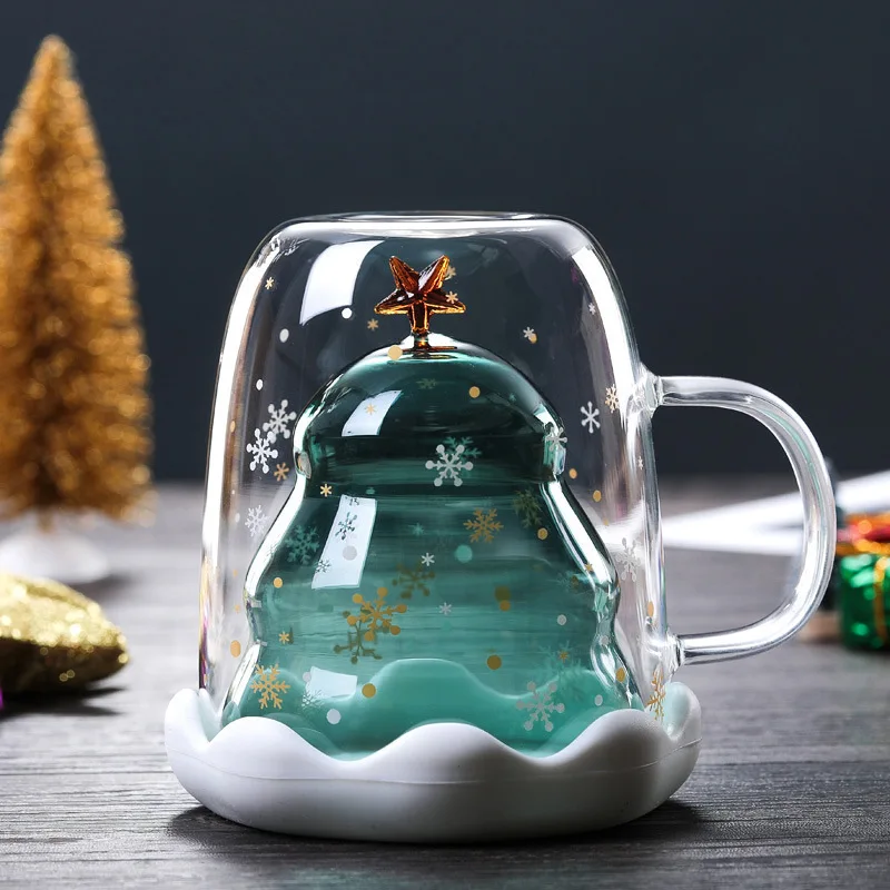 

300ML Double Layered Anti Scald Glass Christmas Tree Starry Sky Coffee Mug Thermal Insulation Breakfast Cup Children's Milk Gift