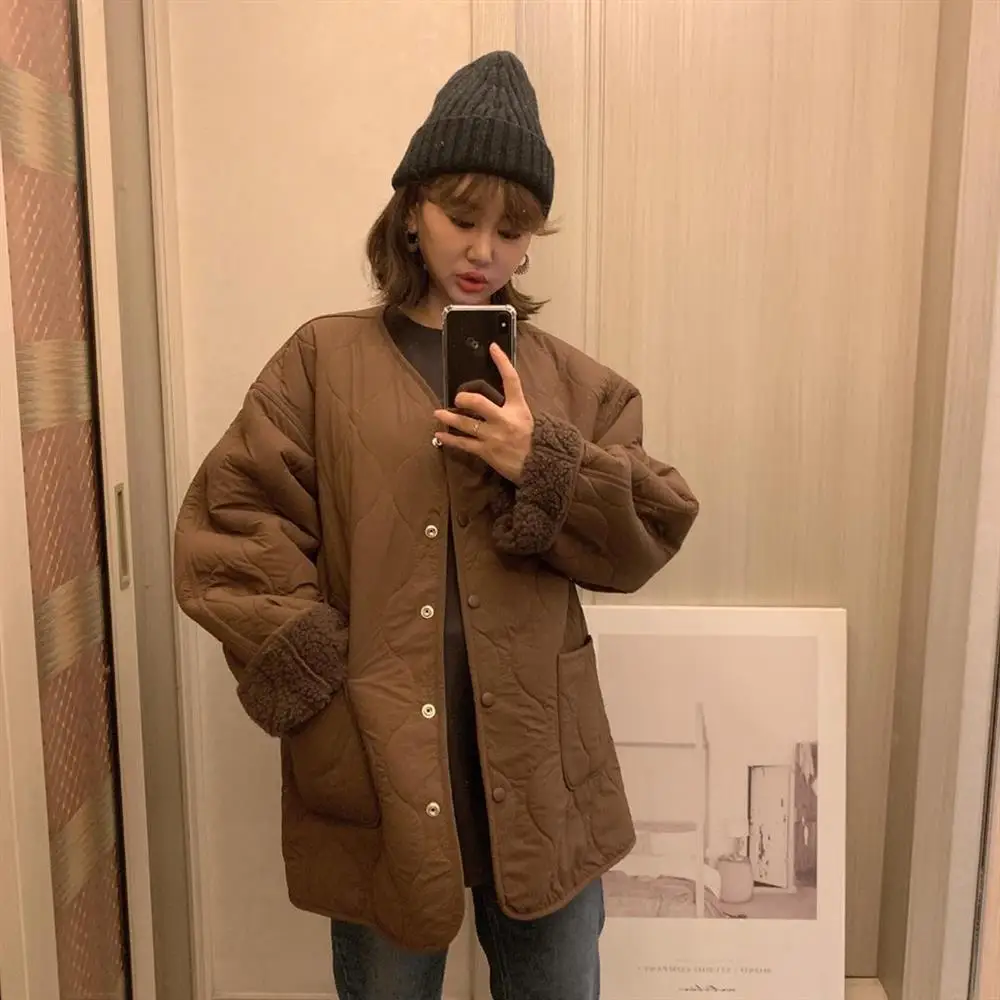 

Padded jacket 2020 winter new retro warm lamb wool cotton coat diamond embossed loose cotton coat trend