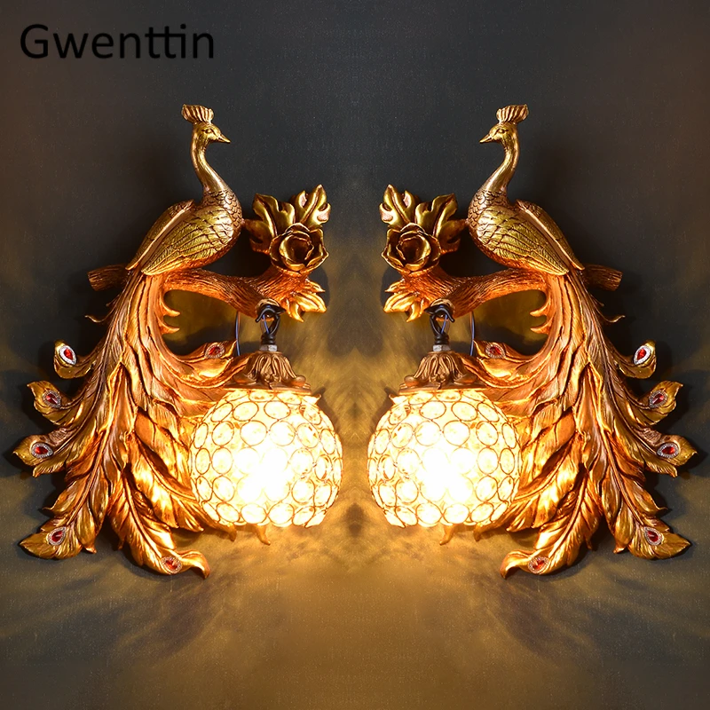 Винтажная настенная лампа с золотым павлином Европейский Хрустальный бра