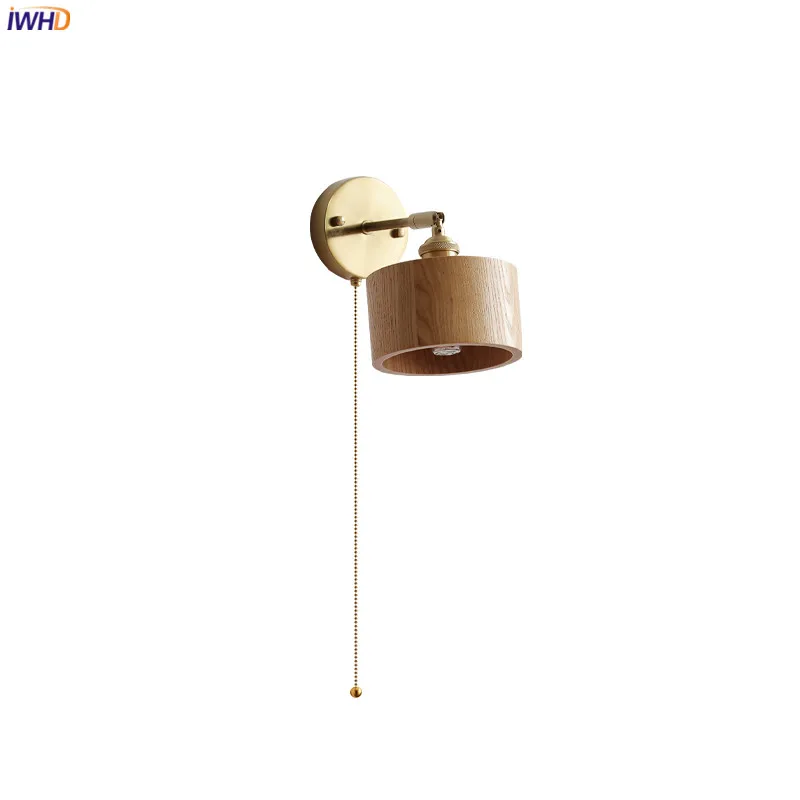 IWHD Nordic Modern LED Wall Lights For Home Lighting Pull Chain Switch Bedroom Living Room Light Walnut Wooden Wall lamp Sconce