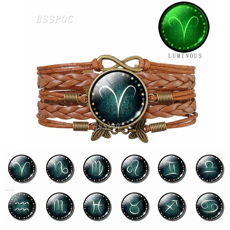 Светящийся в темноте браслет со знаком зодиака 12 созвездий стеклянный кабошон