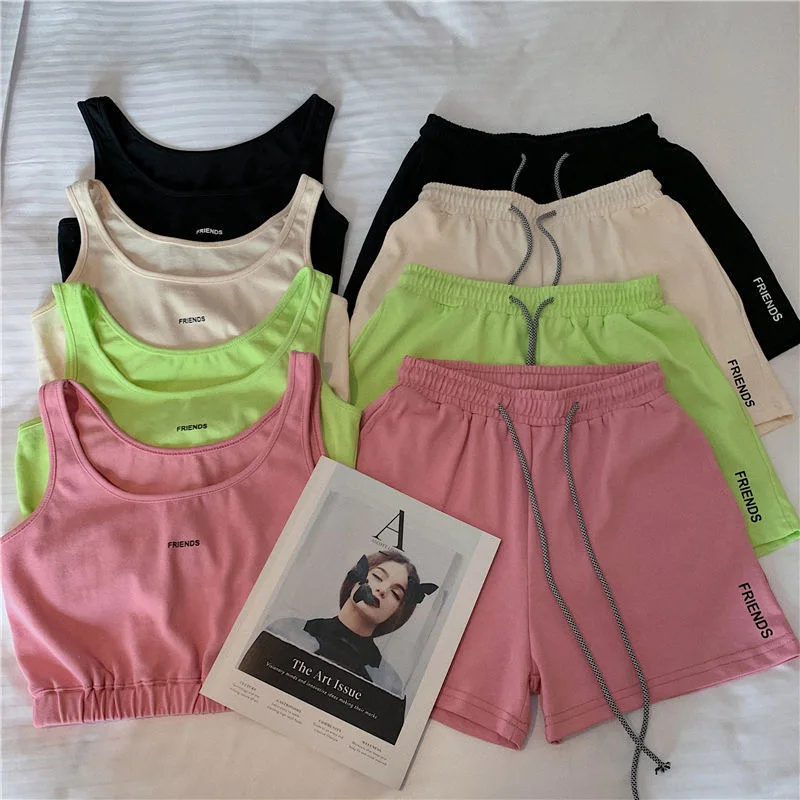 

Casual Shorts Women Two Piece Sets Fashion Sleeveless Vest + Elastic Waist Shorts Tracksuit Set Female Sportswear Outfits