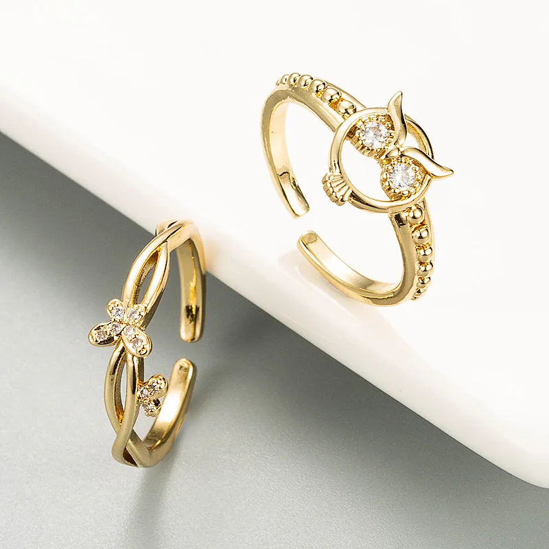 

European Fashion Gold Color Butterfly Opening Ring Copper Plated with Zircon Owl Ring Jewelry Fine Jewelry for Woman