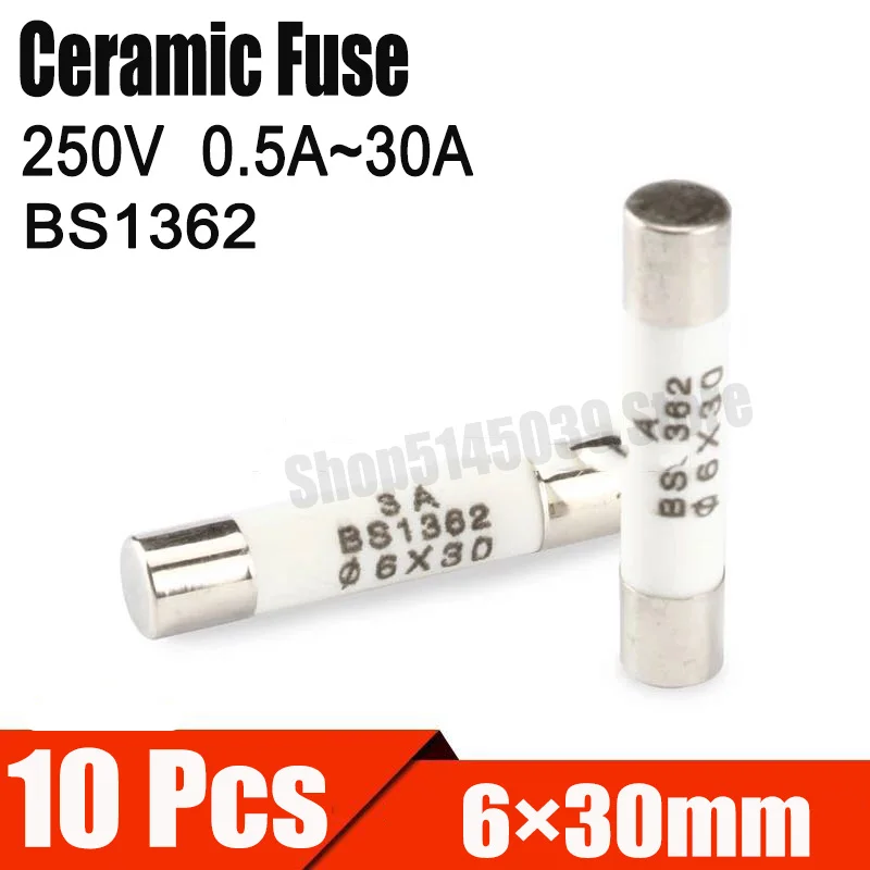 10 шт. 6*30 керамический предохранитель 6x30 мм Быстрый надувной предохранитель 250 В 0.5A 1A 2A 3A 4A 5A 6A 8A 10A 13A 15A 16A 20A 25A 30A RO58 Быстрый Предохранитель