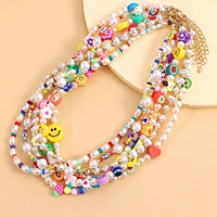 korean ethnic imitation pearl flower choker necklace cute multicolor girls smile face beaded necklace for women bohemian jewelry