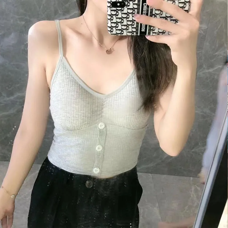 

Sexy Women Button V-neck Camisole Cotton Vest Sexy Tank Tops With Chest Pad Sexy Lingerie Underwear