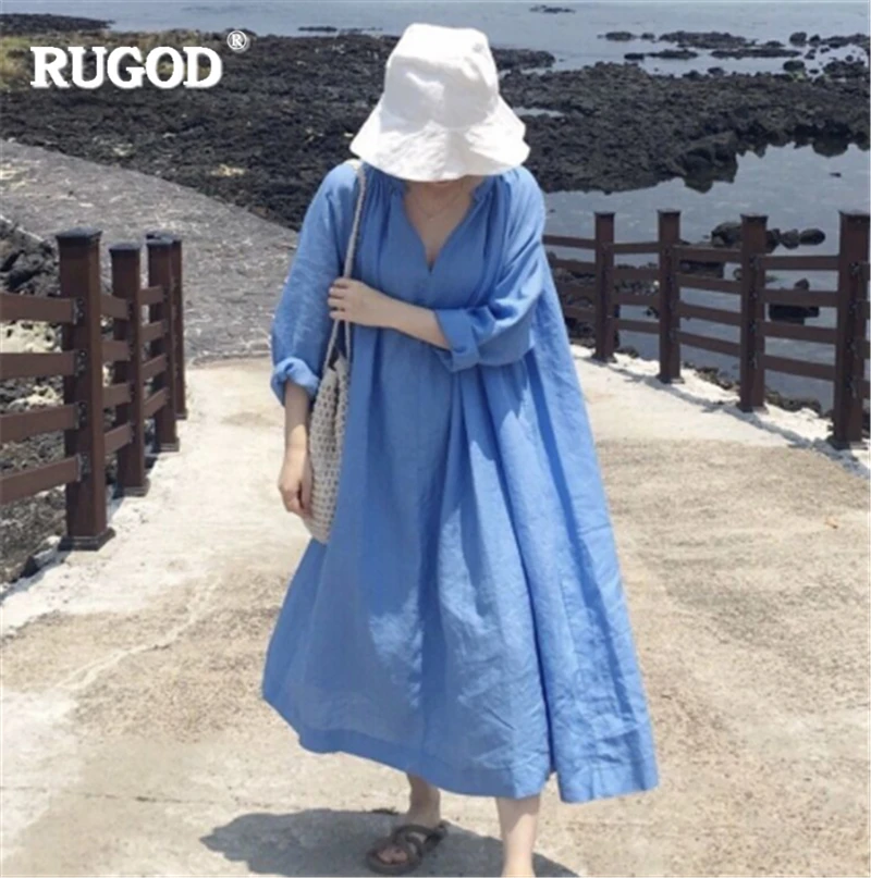 RUGOD 2019 Новый Осень Женщины Твердые Свободные Платья Плиссированные V-образным