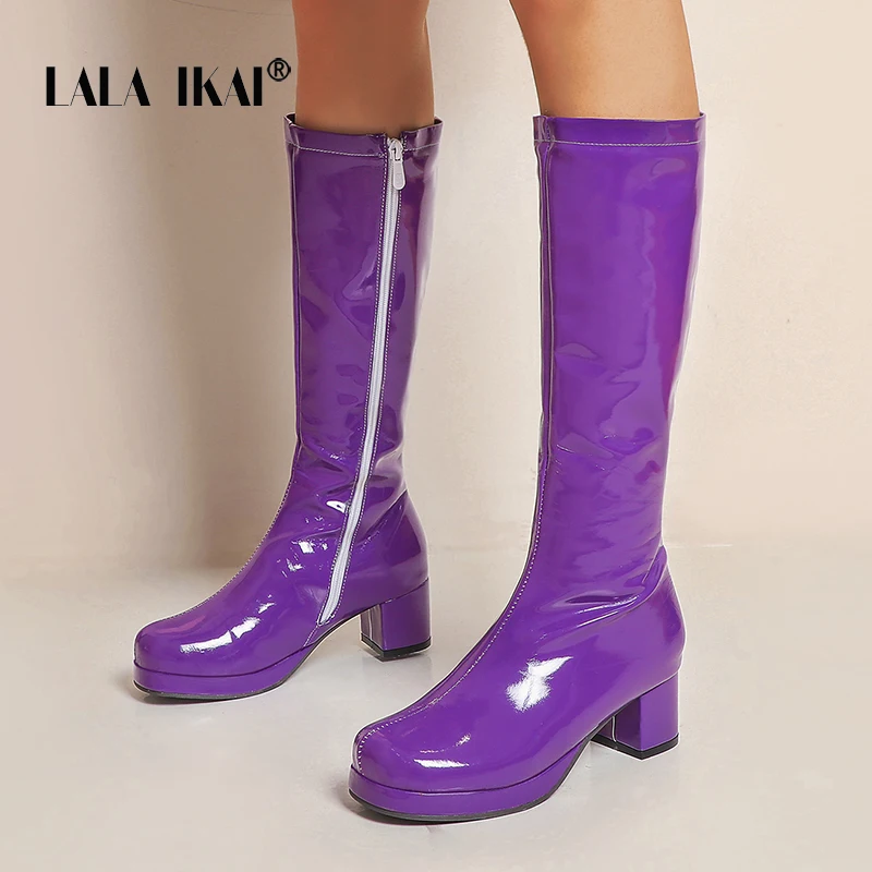 

LALA IKAI Women High Keen Boots Patent Leather Waterproof Knee High Boots Party Fetish Boot Women Dance Shoes Autumn Winter