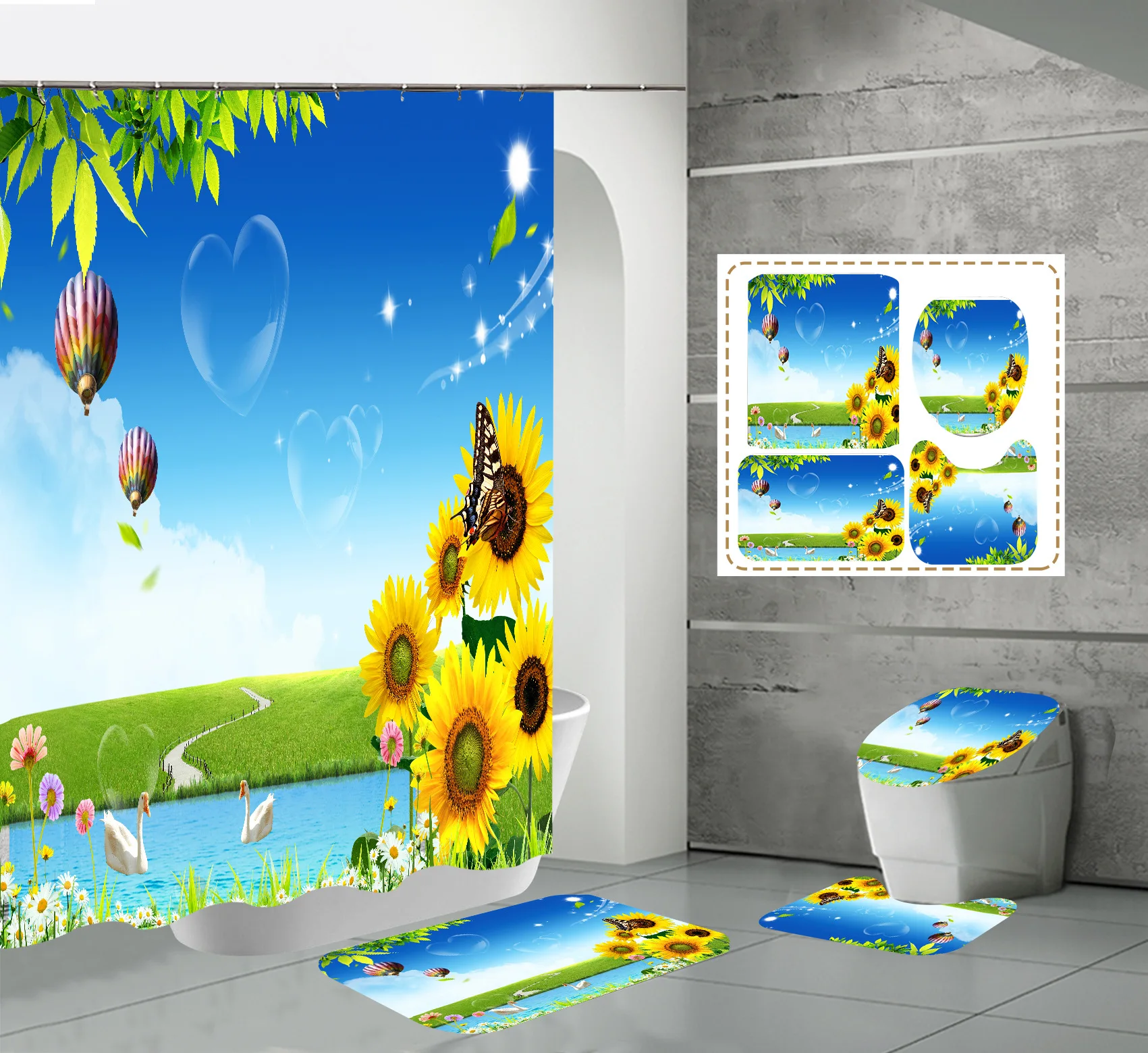 

4Pcs Sunflower Plant Flower Printing Shower Curtain Waterproof Polyester Curtain Bathroom Accessories