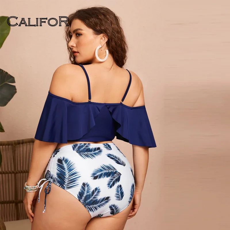 

CALIFOR Ruffle Sleeves Sling Feather Printing 2 Piece Swimwear 2021 Summer Swimming Suit for Women High Waist Bikini Plus Size